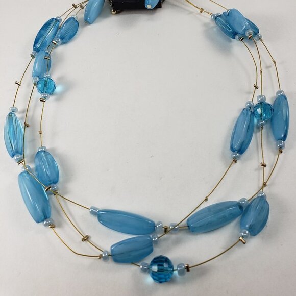 Gold-tone Wire Multi-Row Illusion Blue Beads Necklace, matching Earrings 18+2.5" - Picture 5 of 8